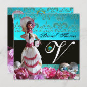 BLAUWE DAMASKBEDING - VRIJGEZELLENFEEST MONOGRAM KAART (Voorkant / Achterkant)