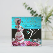 BLAUWE DAMASKBEDING - VRIJGEZELLENFEEST MONOGRAM KAART (Staand voorkant)