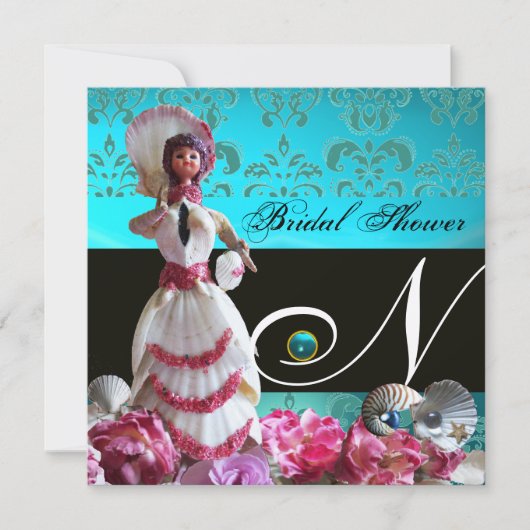 BLAUWE DAMASKBEDING - VRIJGEZELLENFEEST MONOGRAM KAART (Voorkant)