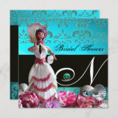 BLAUWE DAMASKBEDING - VRIJGEZELLENFEEST MONOGRAM KAART (Voorkant / Achterkant)