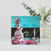 BLAUWE DAMASKBEDING - VRIJGEZELLENFEEST MONOGRAM KAART (Staand voorkant)