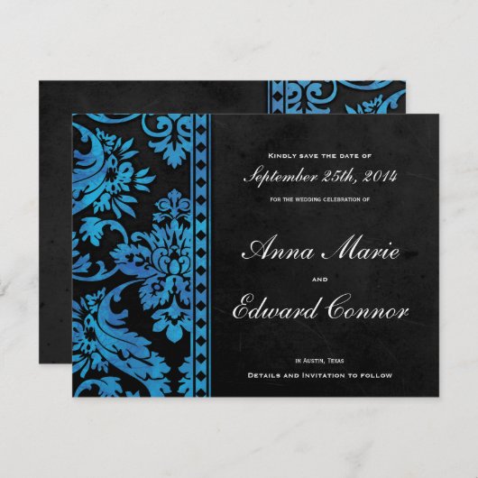 Blauwe  Damaslaag Sla de datum op Save The Date (Voorkant / Achterkant)