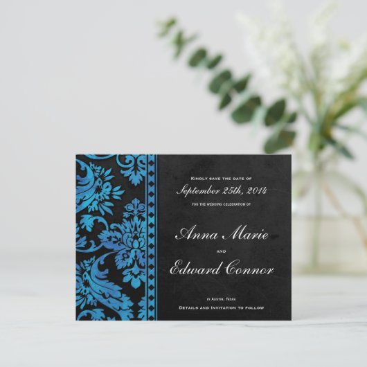 Blauwe  Damaslaag Sla de datum op Save The Date (Staand voorkant)