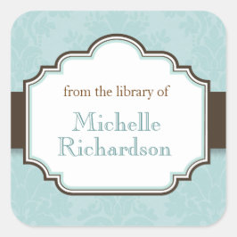 Blauwe damast boekenplaten vierkante sticker