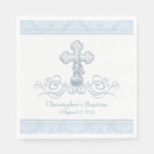 Blauwe Damast Cross Doop Communie Servetten (Voorkant)