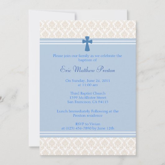 Blauwe Damast Doop/Doopuitnodiging Kaart (Voorkant)