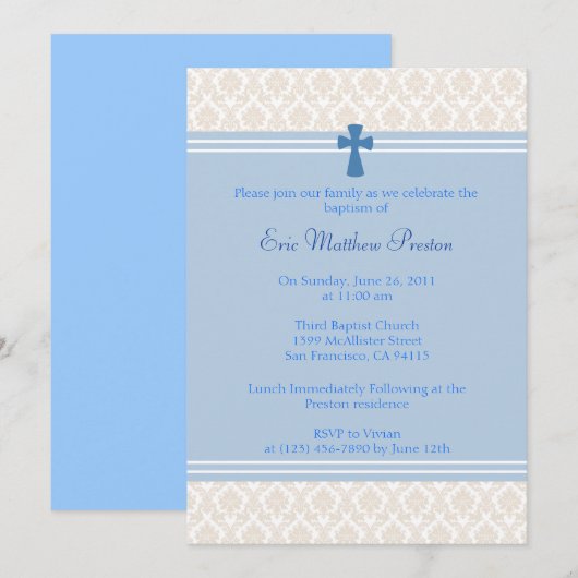 Blauwe Damast Doop/Doopuitnodiging Kaart (Voorkant / Achterkant)