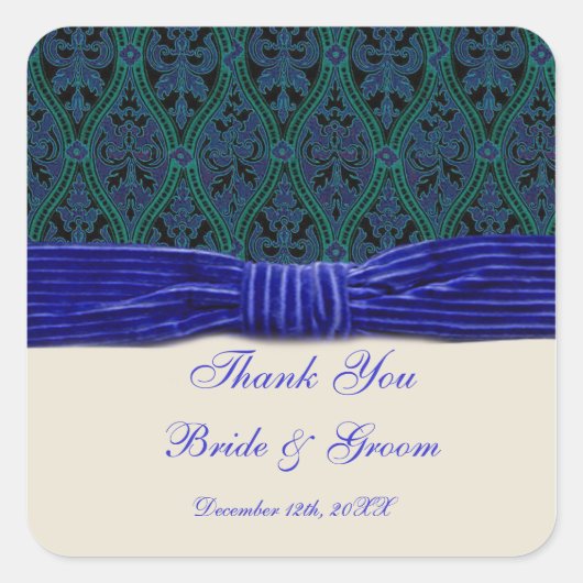 blauwe damast en lint bruiloft sticker (Voorkant)