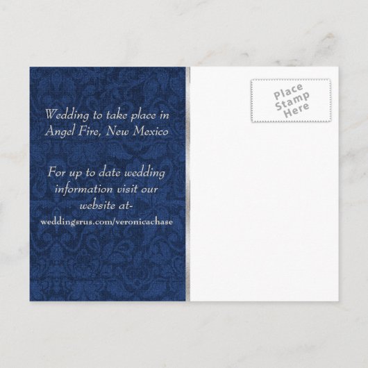 Blauwe damast en pauwenveer sparen de datum aankondigingskaart (Achterkant)