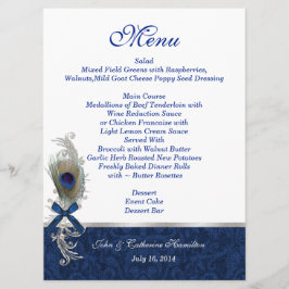 Blauwe Damast en Peacock Feather Bruiloft Tafel Me Menu