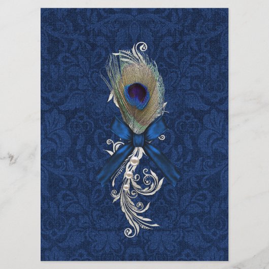 Blauwe Damast en Peacock Feather Bruiloft Tafel Me Menu (Achterkant)