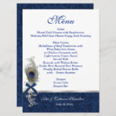 Blauwe Damast en Peacock Feather Bruiloft Tafel Me Menu (Voorkant / Achterkant)