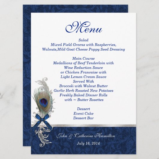 Blauwe Damast en Peacock Feather Bruiloft Tafel Me Menu (Voorkant / Achterkant)