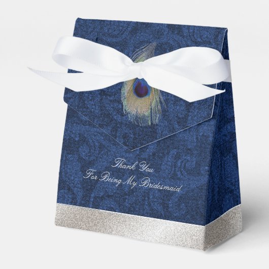 Blauwe Damast en Peacock Feather Wedding Gift Box Bedankdoosjes (Voorkant Zijde)