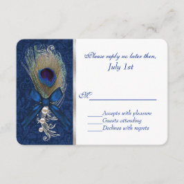 Blauwe Damast en Peacock Veer Bruiloft RSVP Kaartje