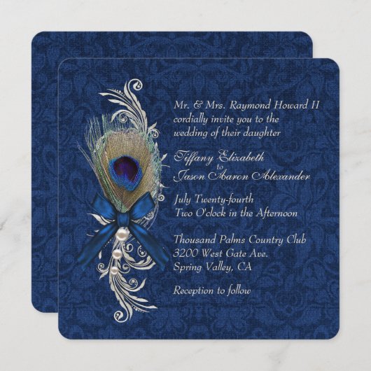 Blauwe Damast en Peacock Veer Bruiloft Uitnodiging (Voorkant / Achterkant)
