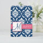 Blauwe Damast initiële RSVP-kaarten voor vierkante RSVP Kaartje (Staand voorkant)