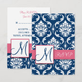 Blauwe Damast initiële RSVP-kaarten voor vierkante RSVP Kaartje (Voorkant / Achterkant)