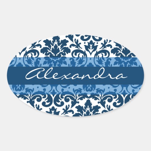 Blauwe damast kalligrafie aanpasbare kunst ovale sticker (Voorkant)