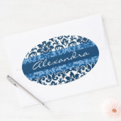 Blauwe damast kalligrafie aanpasbare kunst ovale sticker (Envelop)