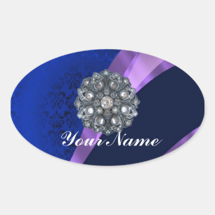 Blauwe damast & kristal ovale sticker