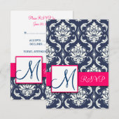 Blauwe Damast Roze RSVP Kaarten voor Vierkante Uit (Voorkant / Achterkant)