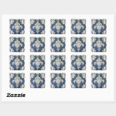 blauwe damast vierkante sticker (Vel)