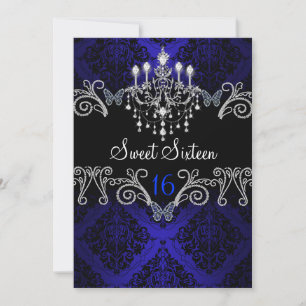Blauwe Damast & Vlinder Sweet Sixteen Uitnodiging