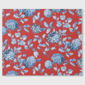 Blauwe Dame Kerstmis, Grote Floral Toile Cadeaupapier (Vlak)