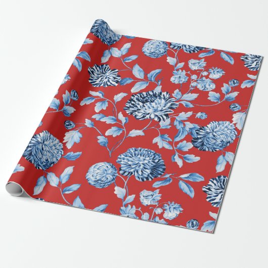 Blauwe Dame Kerstmis, Grote Floral Toile Cadeaupapier (Uitgerold)