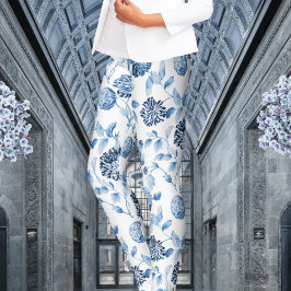 Blauwe Dame Modern  Botanische Floral Toile Leggings