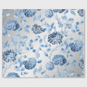 Blauwe Dame Modern  Grote Floral Toile Silver Cadeaupapier (Vlak)