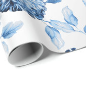 Blauwe Dame Modern  Grote Floral Toile Silver Cadeaupapier (Rol Hoek)