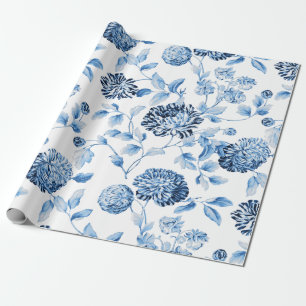 Blauwe Dame Modern  Grote Floral Toile White Cadeaupapier