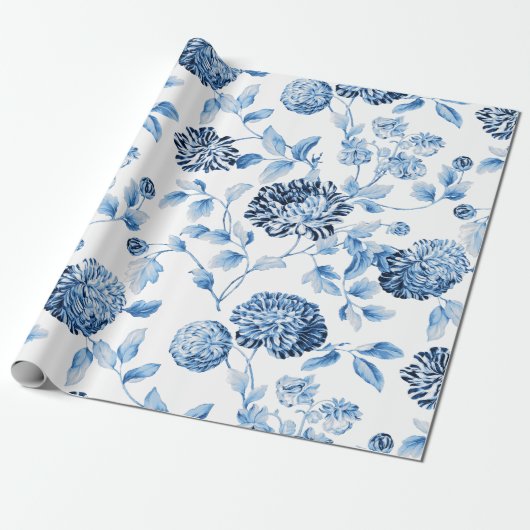 Blauwe Dame Modern  Grote Floral Toile White Cadeaupapier (Uitgerold)
