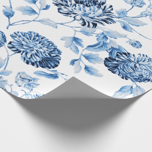 Blauwe Dame Modern Grote Floral Toile White Cadeaupapier (Hoek)