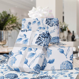 Blauwe Dame Modern Grote Floral Toile White Cadeaupapier