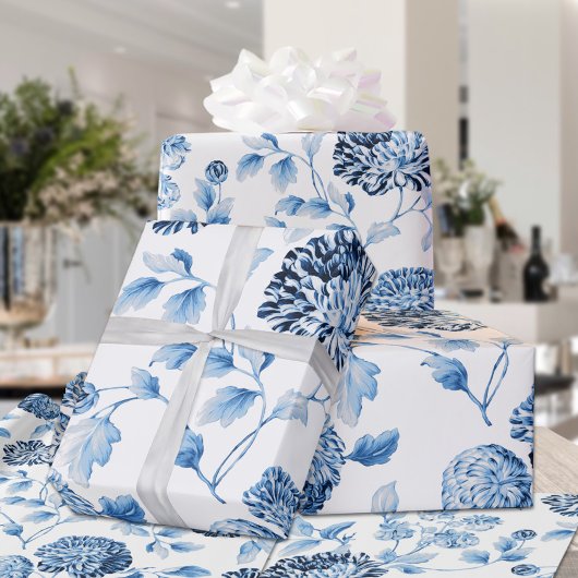 Blauwe Dame Modern  Grote Floral Toile White Cadeaupapier