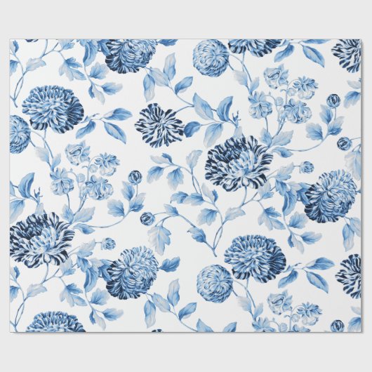Blauwe Dame Modern  Grote Floral Toile White Cadeaupapier (Vlak)