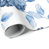 Blauwe Dame Modern  Grote Floral Toile White Cadeaupapier (Rol Hoek)