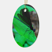 Blauwe Damselfly op een groen blad. Keramisch Ornament (Links)