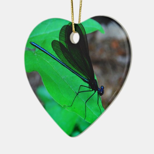 Blauwe Damselfly op een groen blad. Keramisch Ornament (Links)