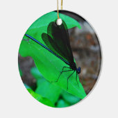 Blauwe Damselfly op een groen blad. Keramisch Ornament (Links)