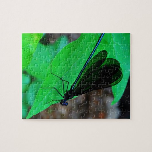 Blauwe Damselfly op een groen blad. Legpuzzel (Horizontaal)