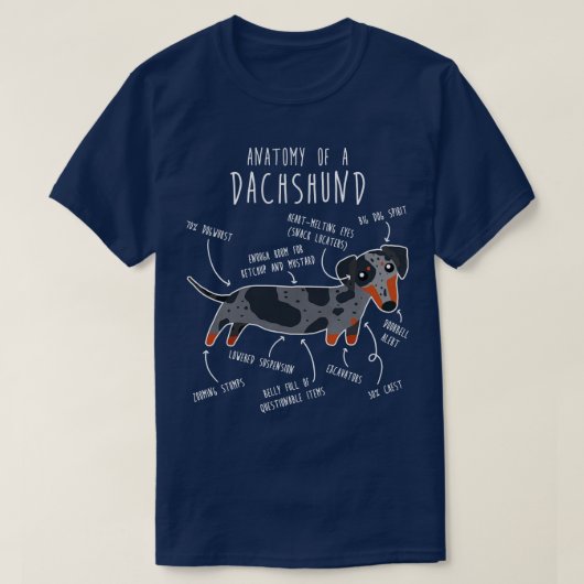Blauwe Dappel Dachshund Hond Anatomie T-shirt (Design voorkant)