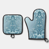 Blauwe decoratieve bloem ovenwant & pannenlap set (Voorkant)