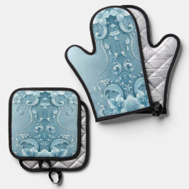 Blauwe decoratieve bloem ovenwant & pannenlap set