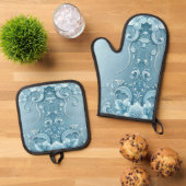 Blauwe decoratieve bloem ovenwant & pannenlap set (Top down)