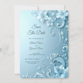 Blauwe decoratieve bloemen save the date (Voorkant)