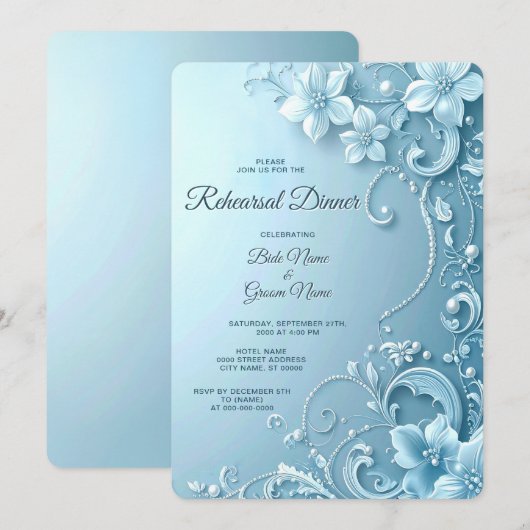 Blauwe decoratieve bloemenoefening diner kaart (Voorkant / Achterkant)